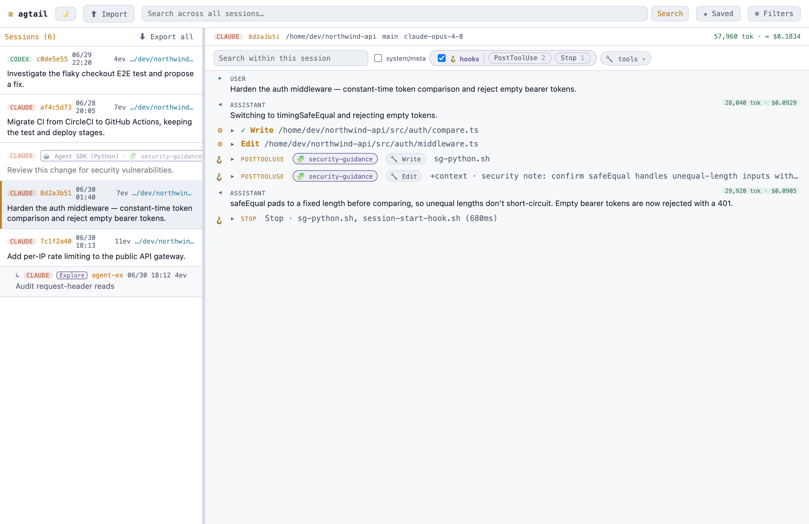 Hook events in the timeline: each labeled by its event, the triggering tool, the injected context, and the owning plugin.