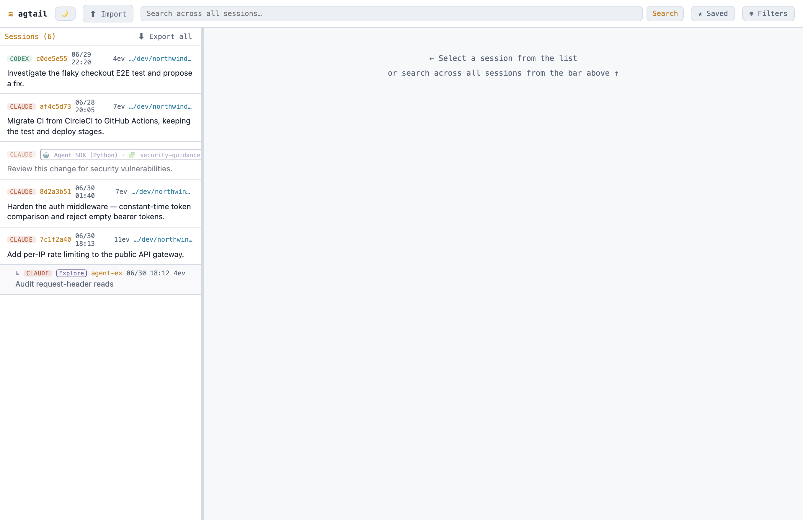The agtail web UI: a unified, source-tagged session list on the left and a per-session timeline on the right.