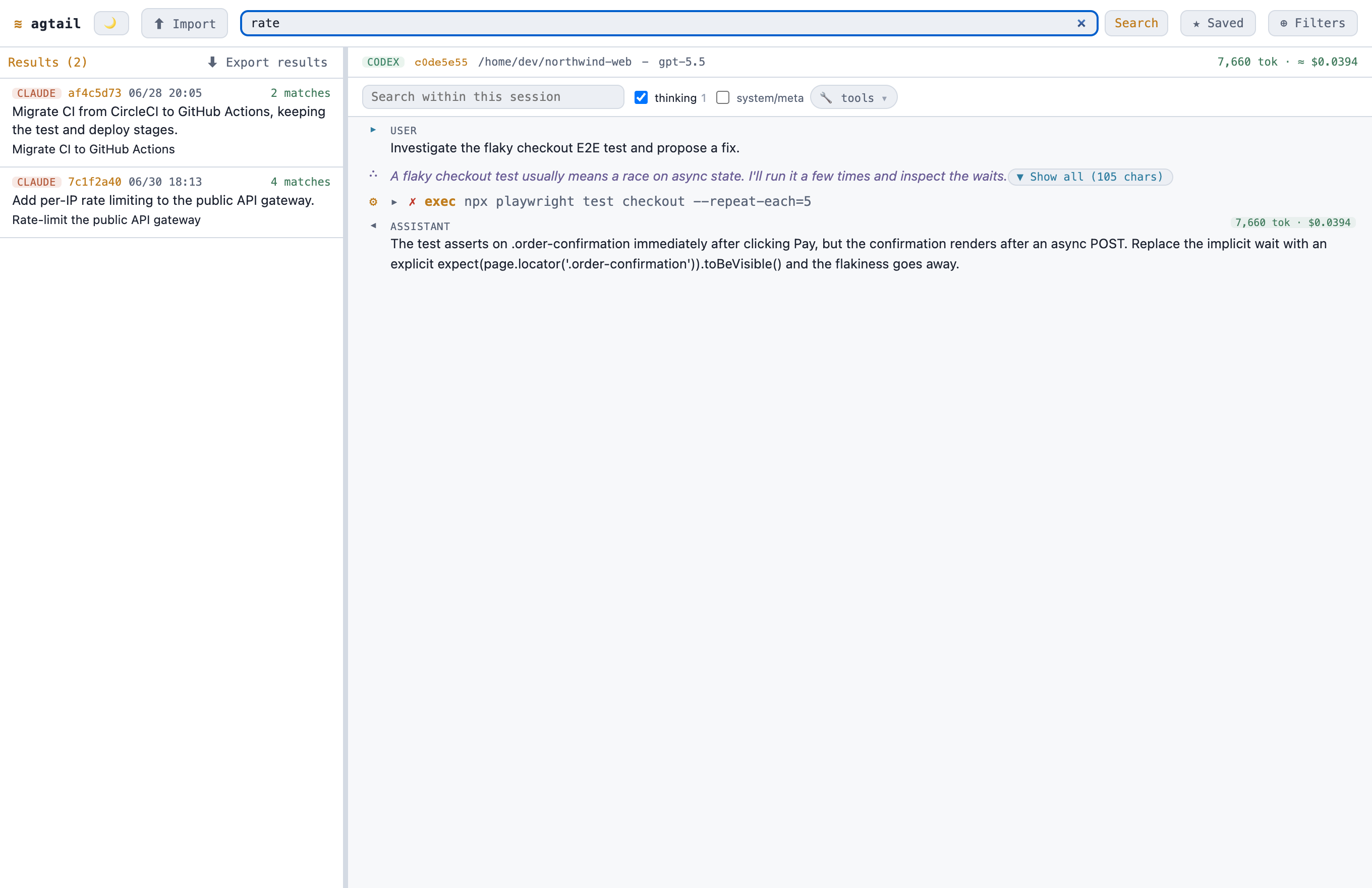 A cross-session search: the hits list with per-session match counts and an Export-results action.