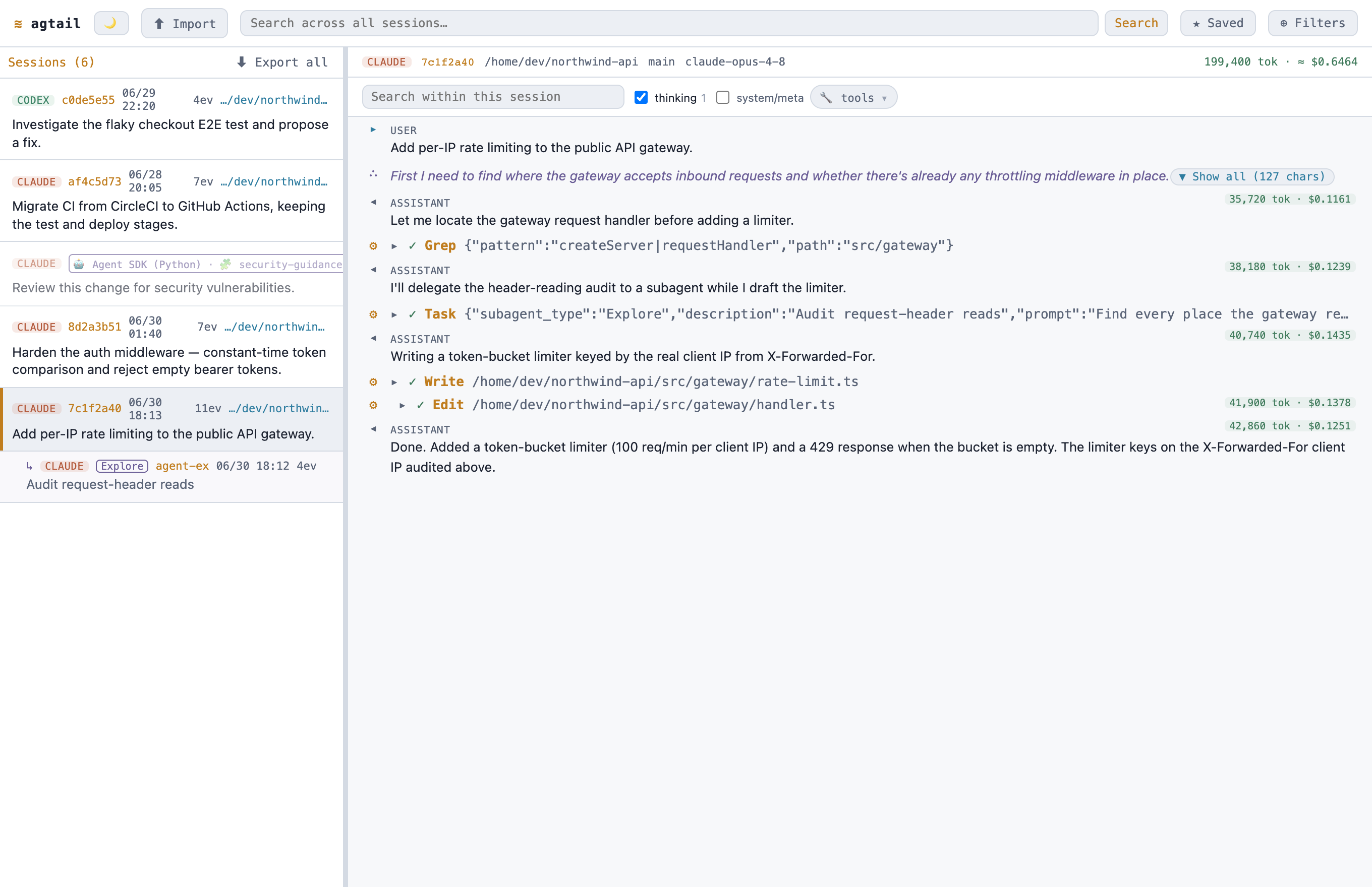 A session timeline: tool calls with input/result, per-turn token/cost badges, and a nested subagent.